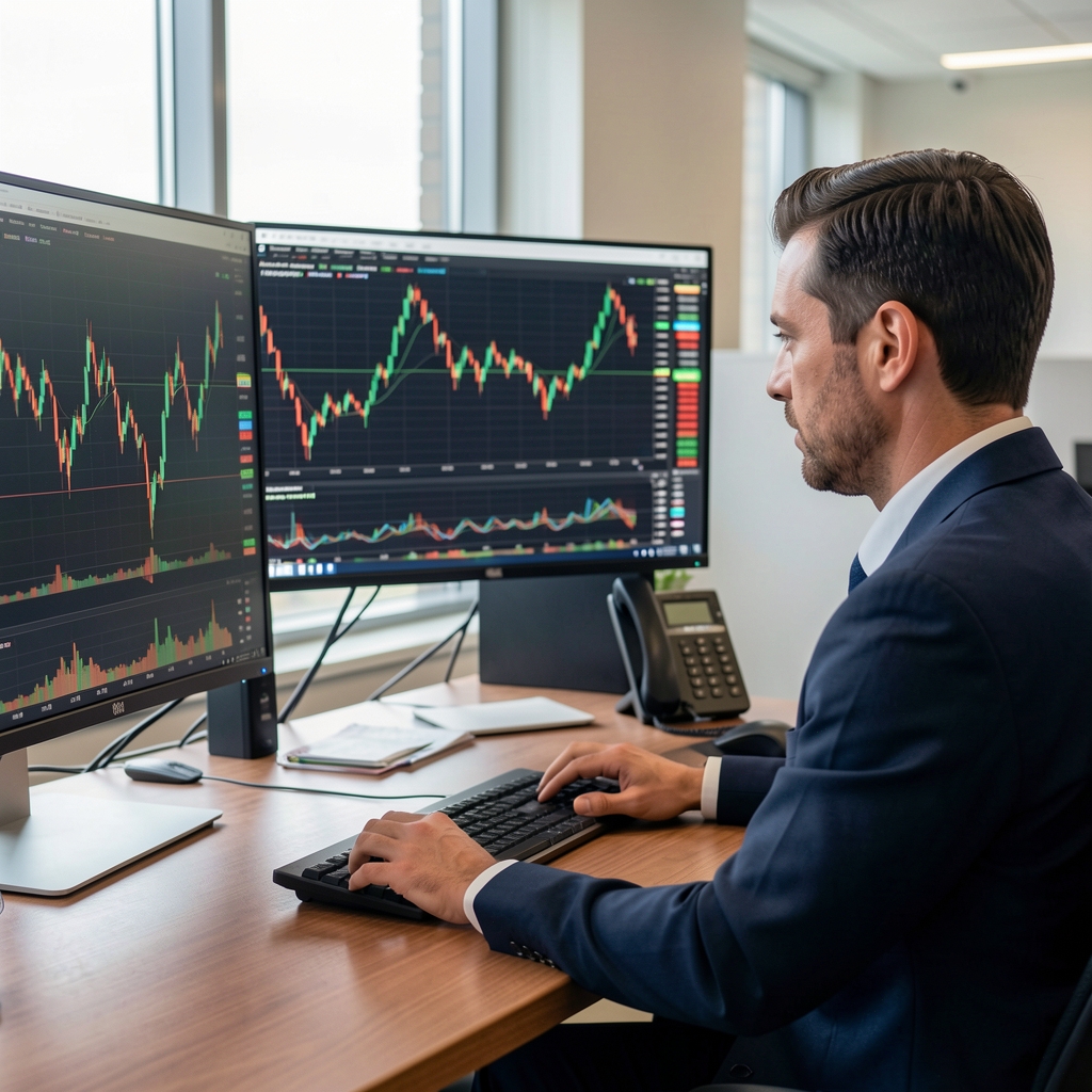 Фондовый рынок США: аналитические графики динамики индексов S&P 500 и NASDAQ на экране монитора в офисе финансового аналитика